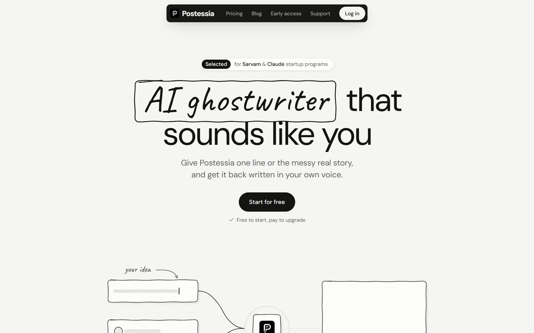 Postessia, the first screen of postessia.com